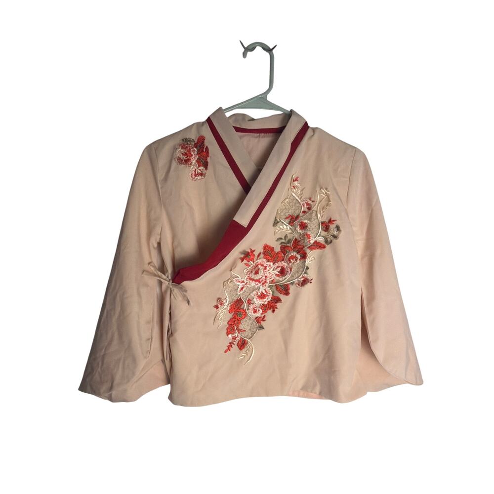 Vintage Pink Floral Embroidered Asymmetric Wrap Jacket Top